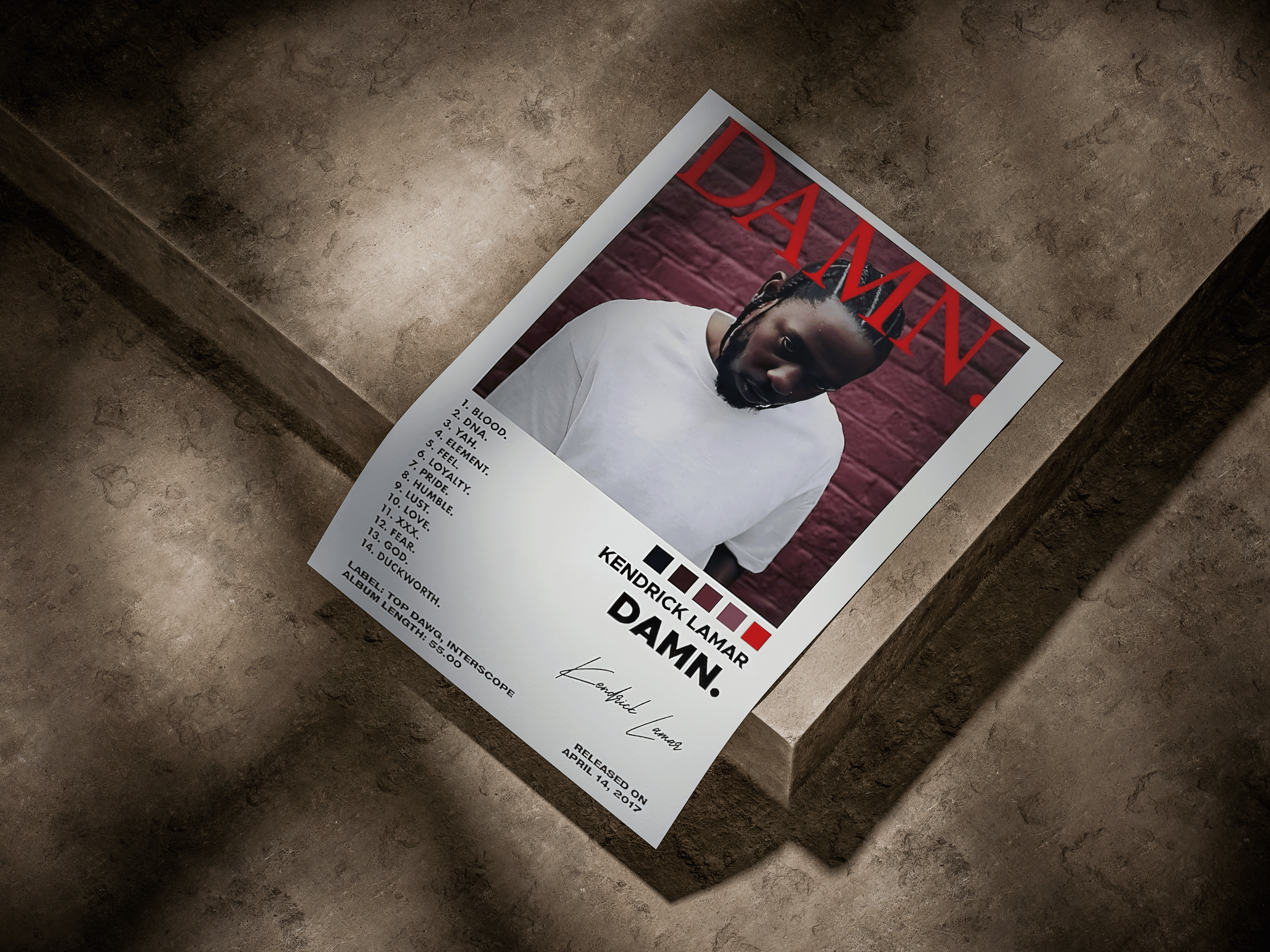 Kendrick Lamar "DAMN." Modern Minimalist Tracklist Poster