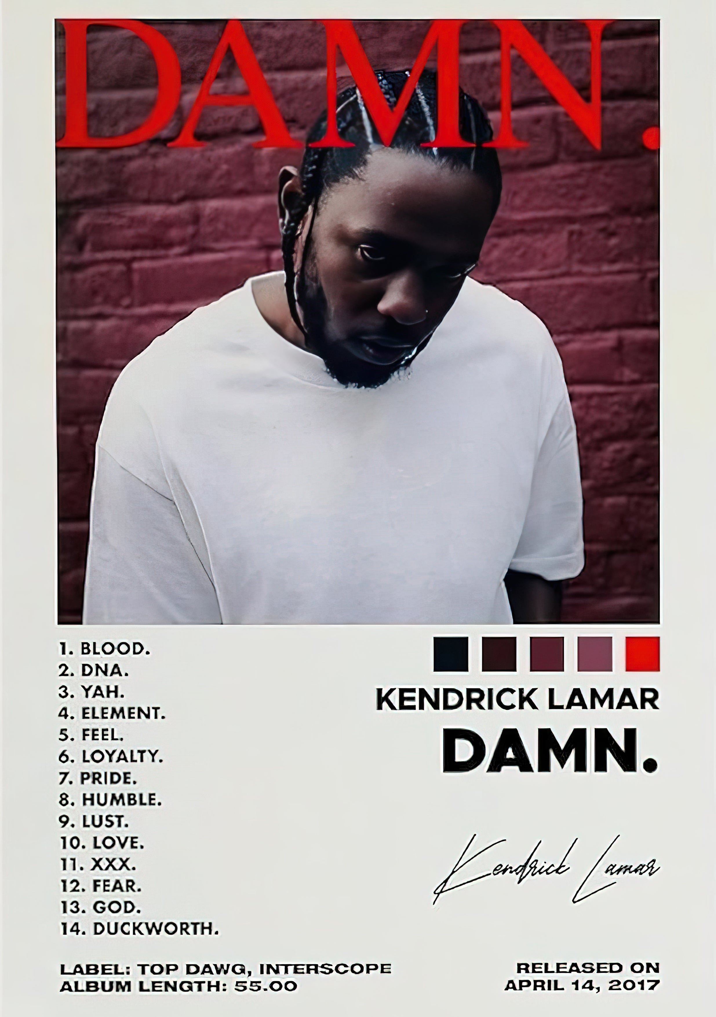 Kendrick Lamar "DAMN." Modern Minimalist Tracklist Poster