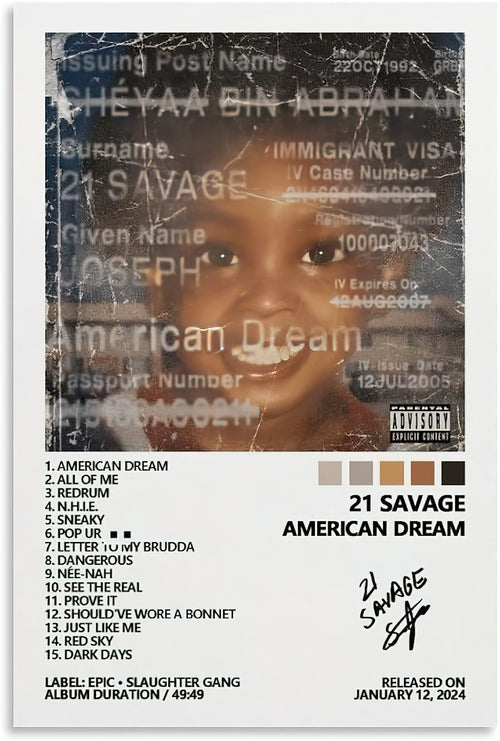 21 Savage "AMERICAN DREAM" Minimalist Tracklist Poster