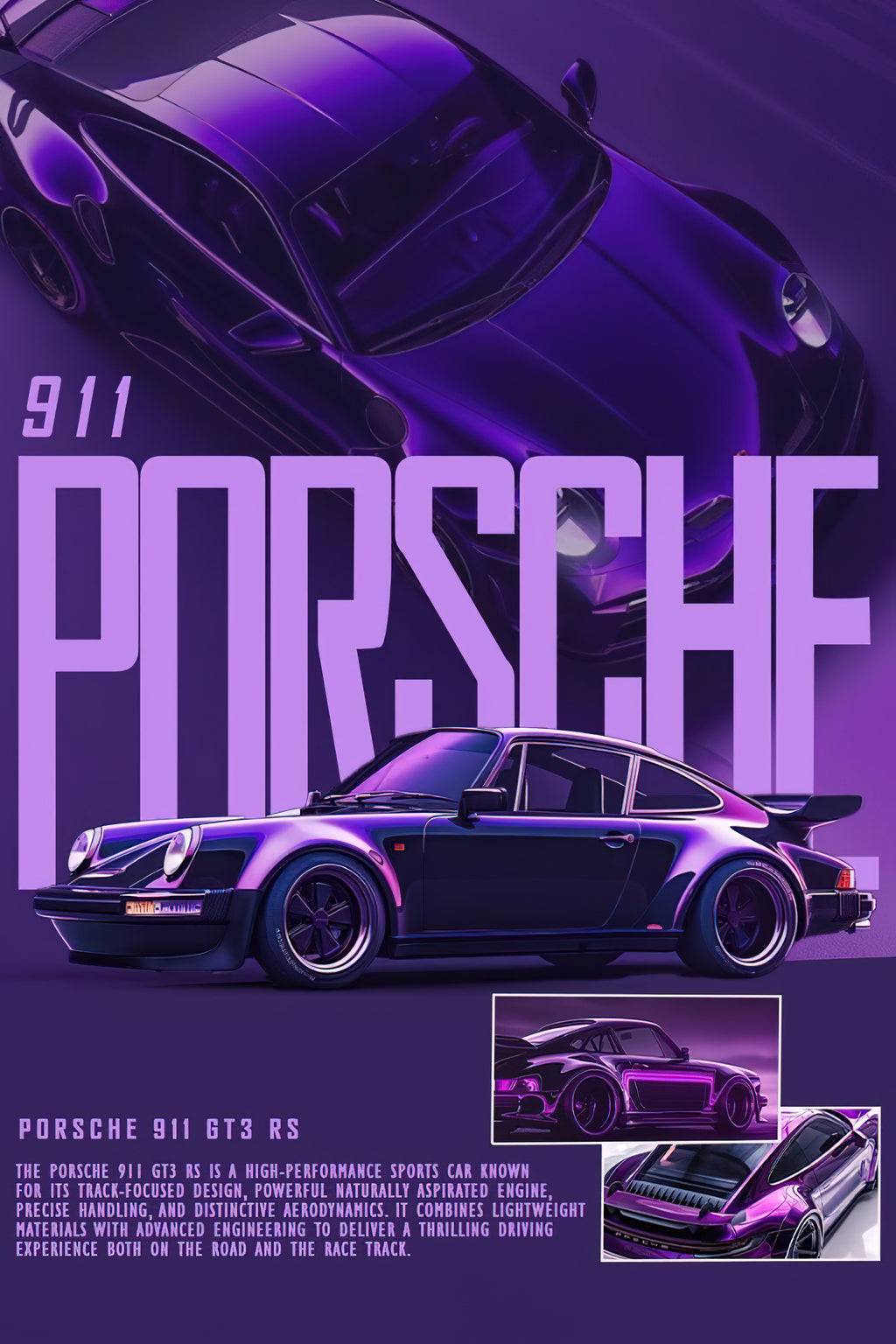 Porsche 911 Synthwave Purple Neon Editorial Poster