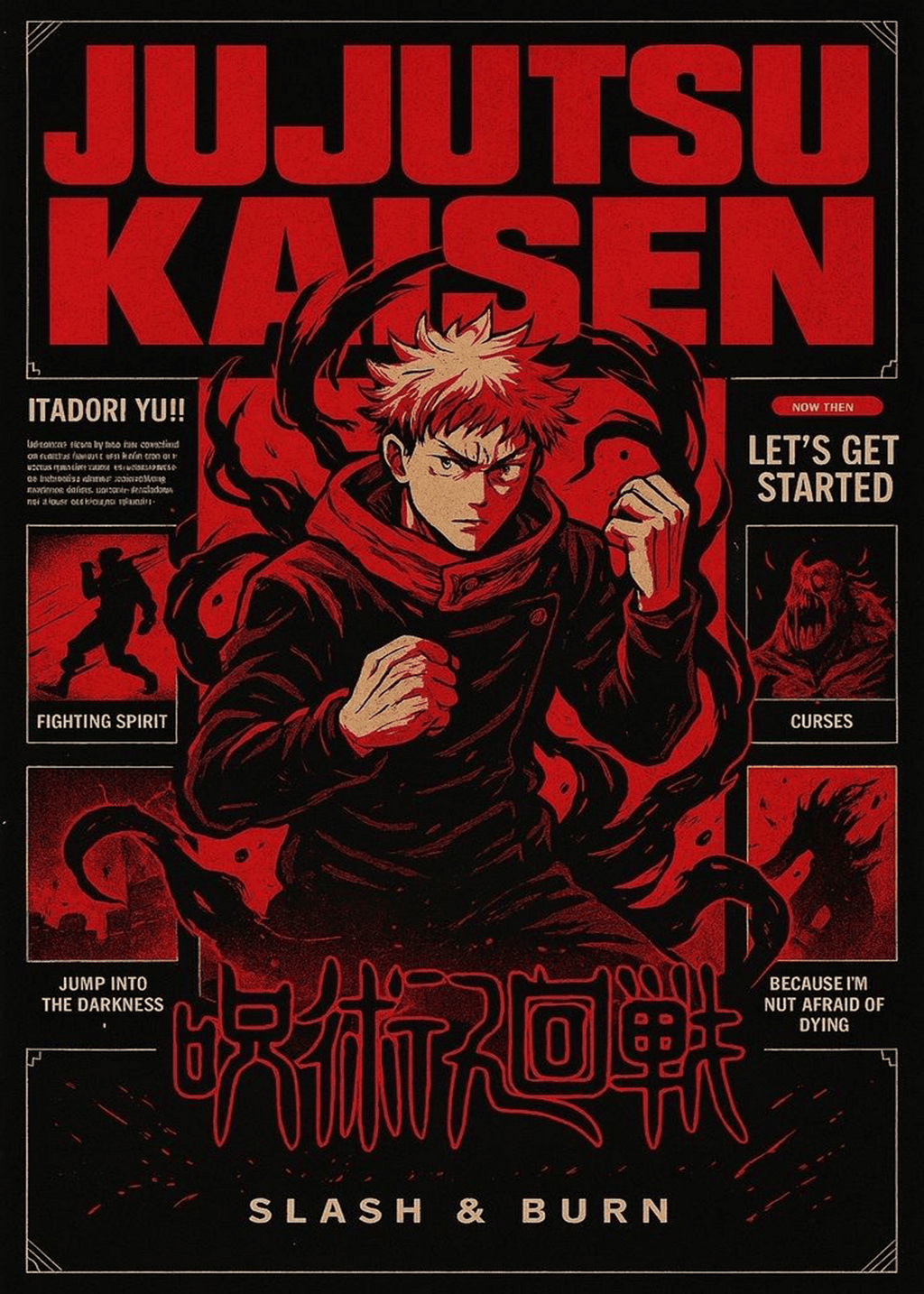 Jujutsu Kaisen "Yuji Itadori: Slash & Burn" Dark Editorial Graphic Poster