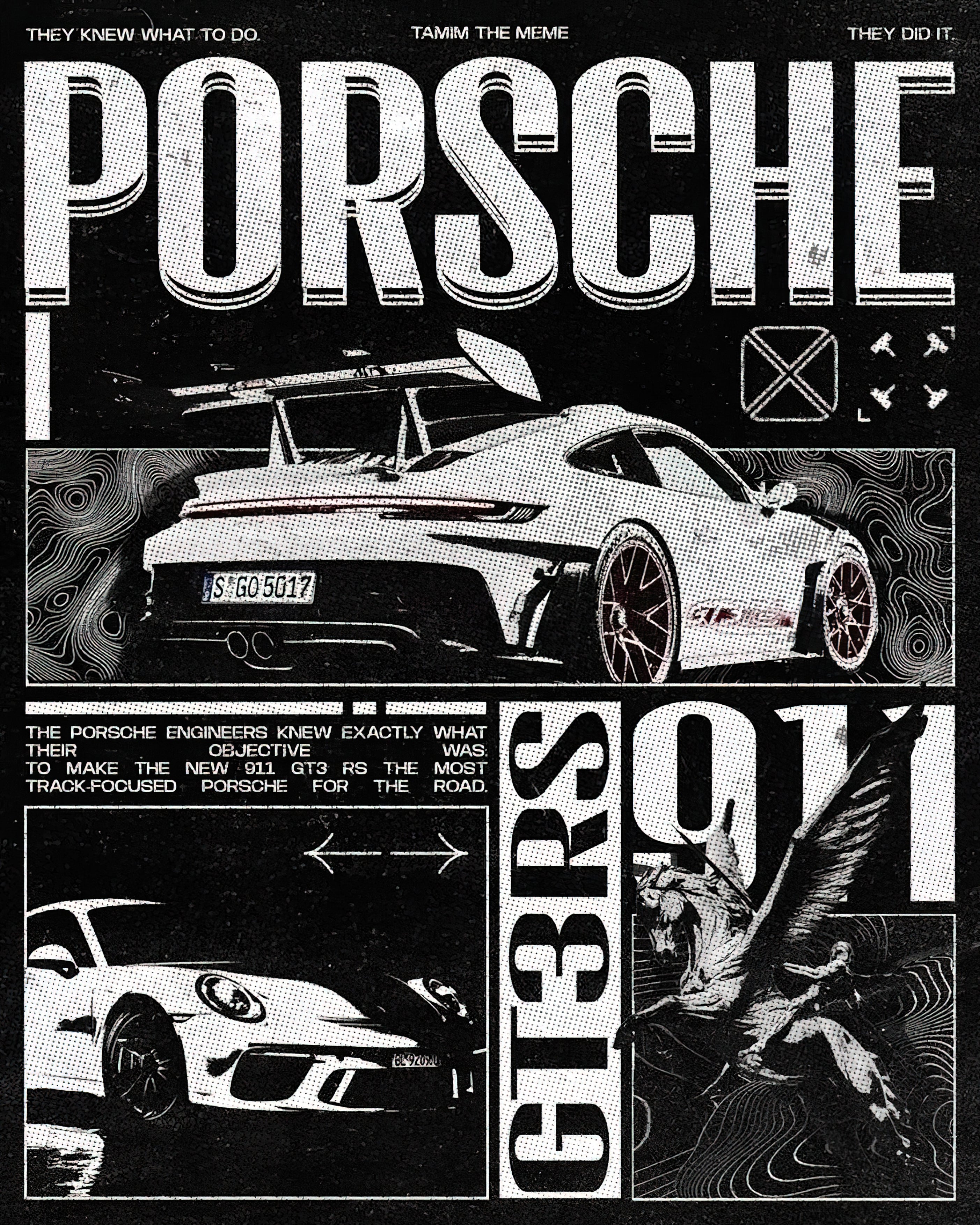 Porsche 911 GT3 RS Track Weapon Vintage Halftone Graphic Poster