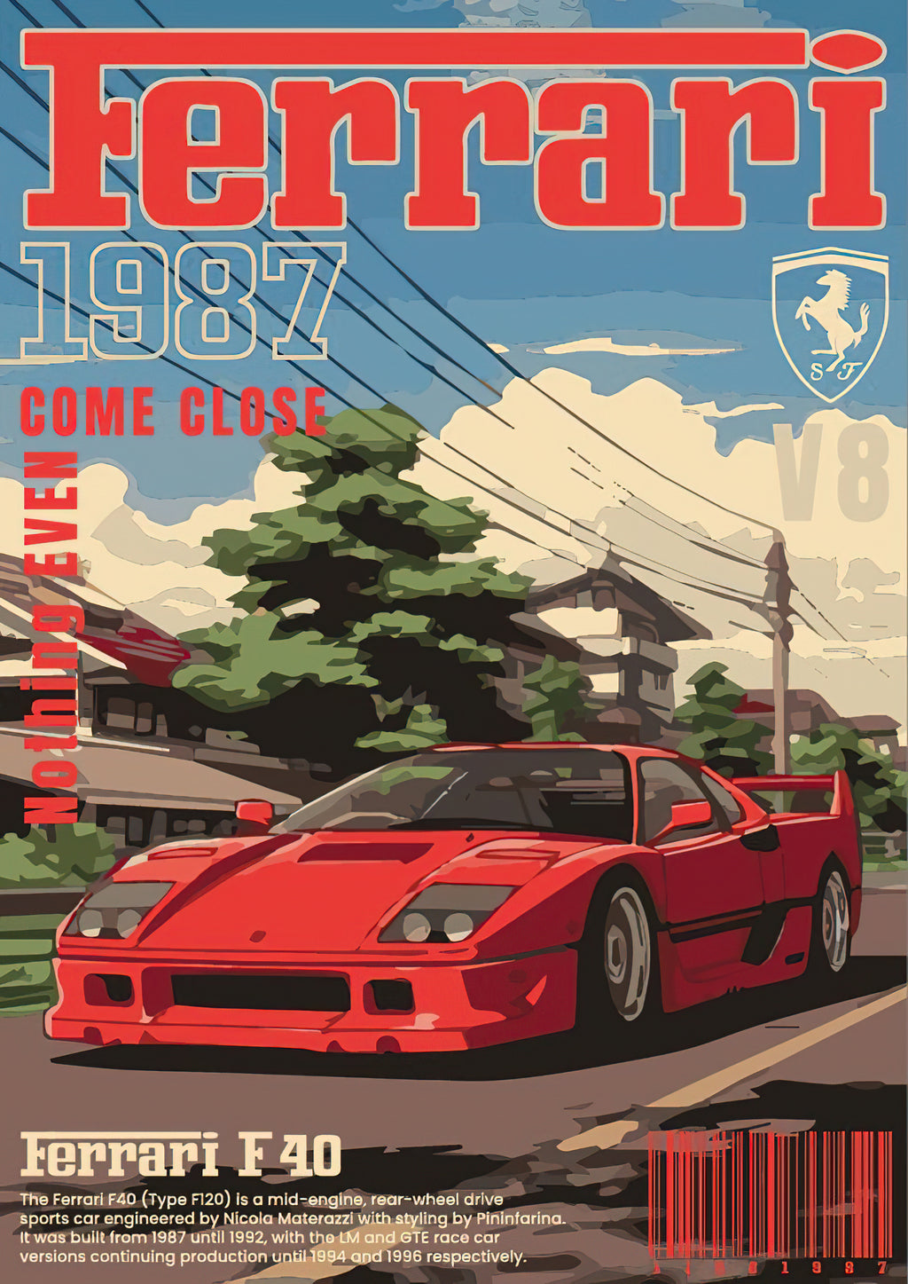 Ferrari F40 1987 Supercar Japanese Anime Style Graphic Poster