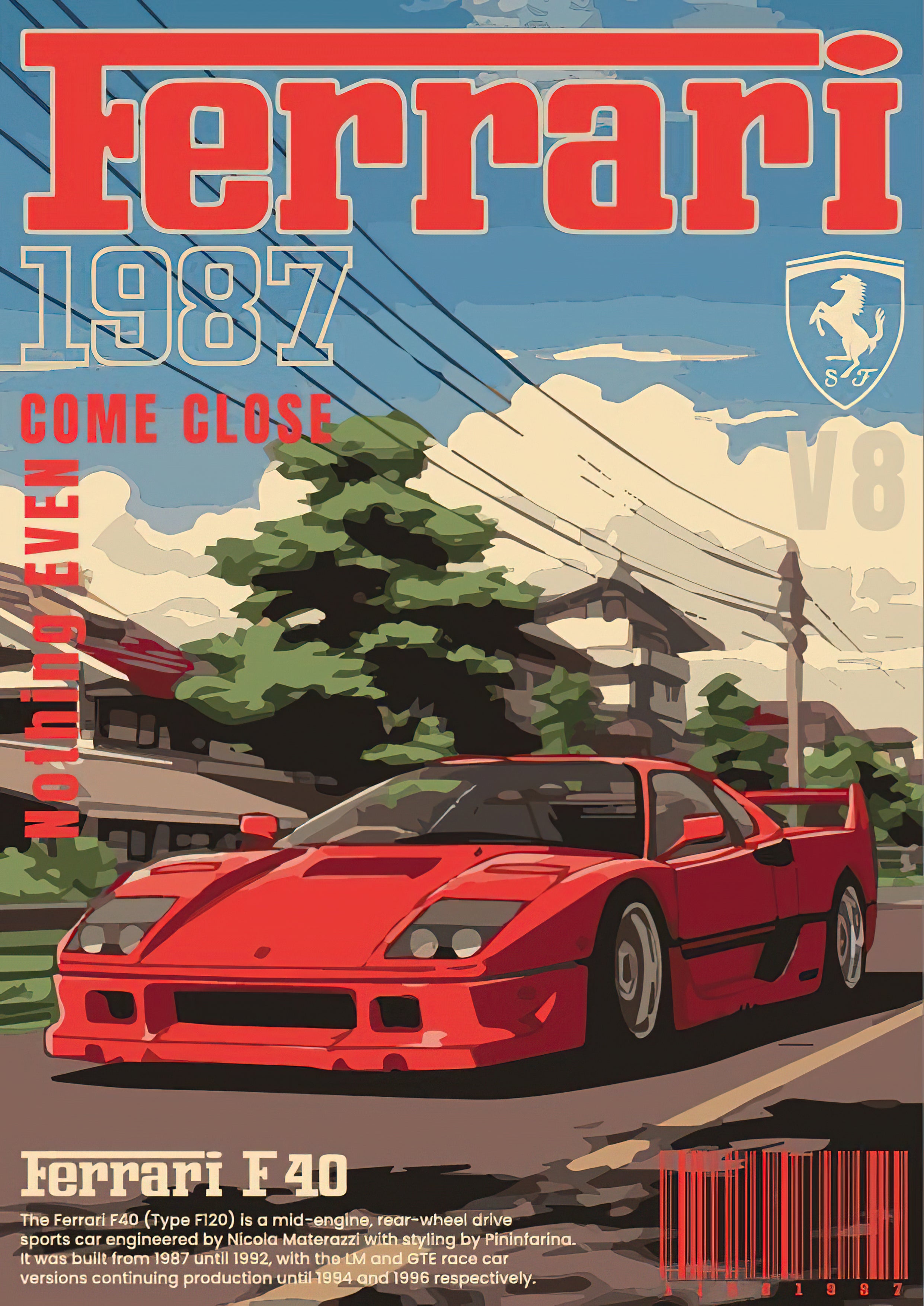 Ferrari F40 1987 Supercar Japanese Anime Style Graphic Poster