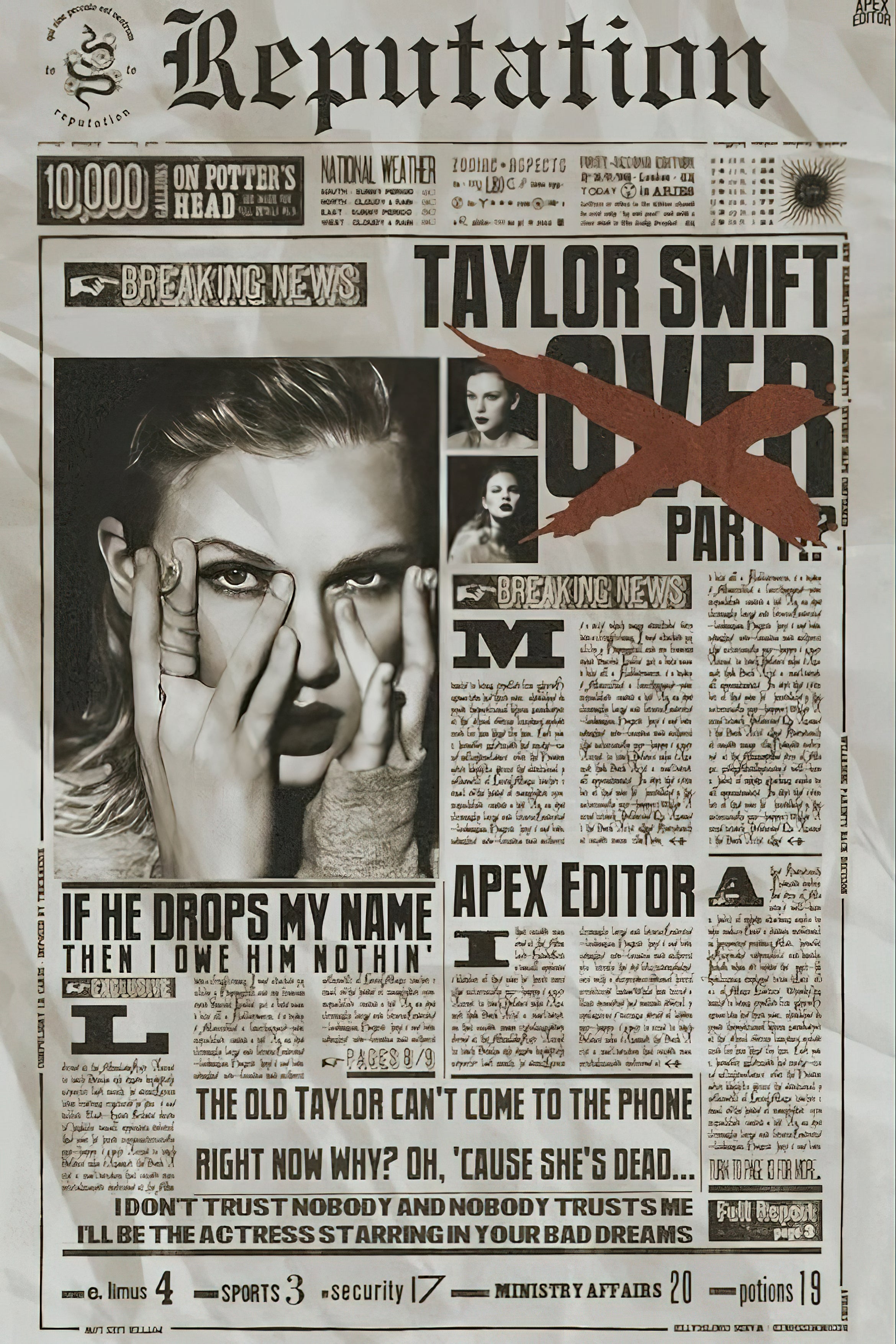 Taylor Swift "Reputation" Vintage Newspaper & Gossip Editorial Poster