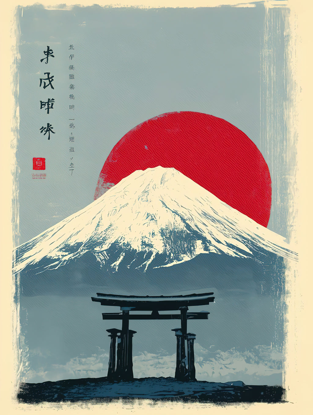 Mount Fuji Torii Gate Japanese Red Sun Ukiyo e Style Vintage Poster