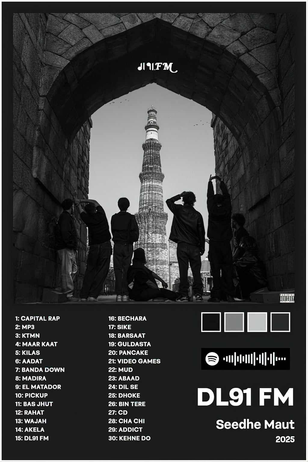 Seedhe Maut "DL91 FM" Monochromatic Tracklist Poster
