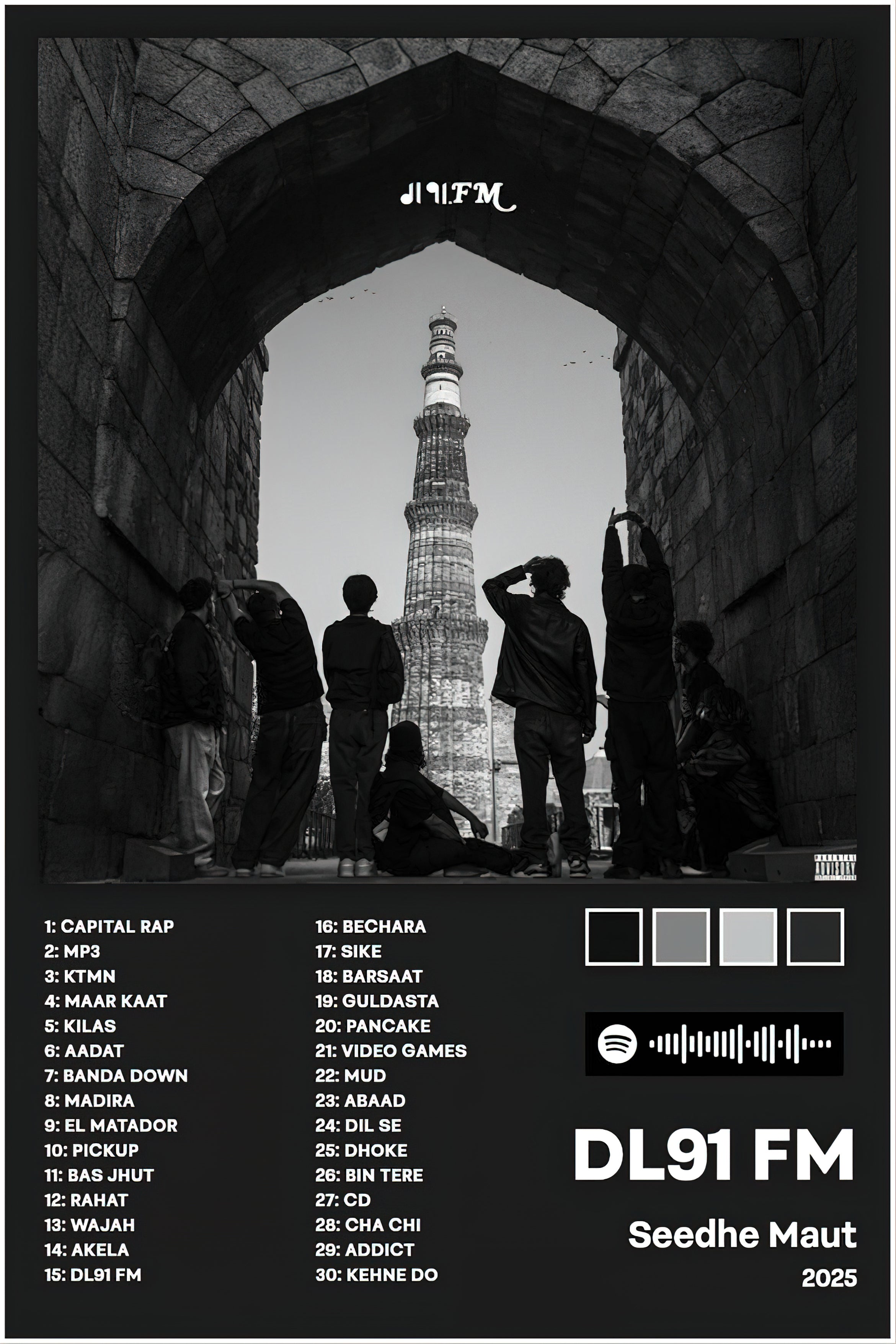 Seedhe Maut "DL91 FM" Monochromatic Tracklist Poster