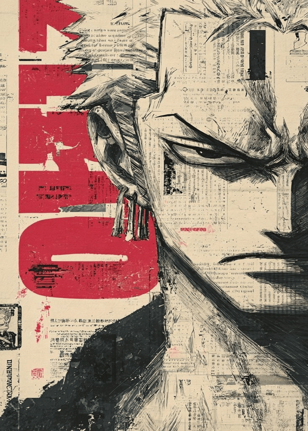 One Piece "Roronoa Zoro: Vintage Newsprint" Grunge Graphic Poster