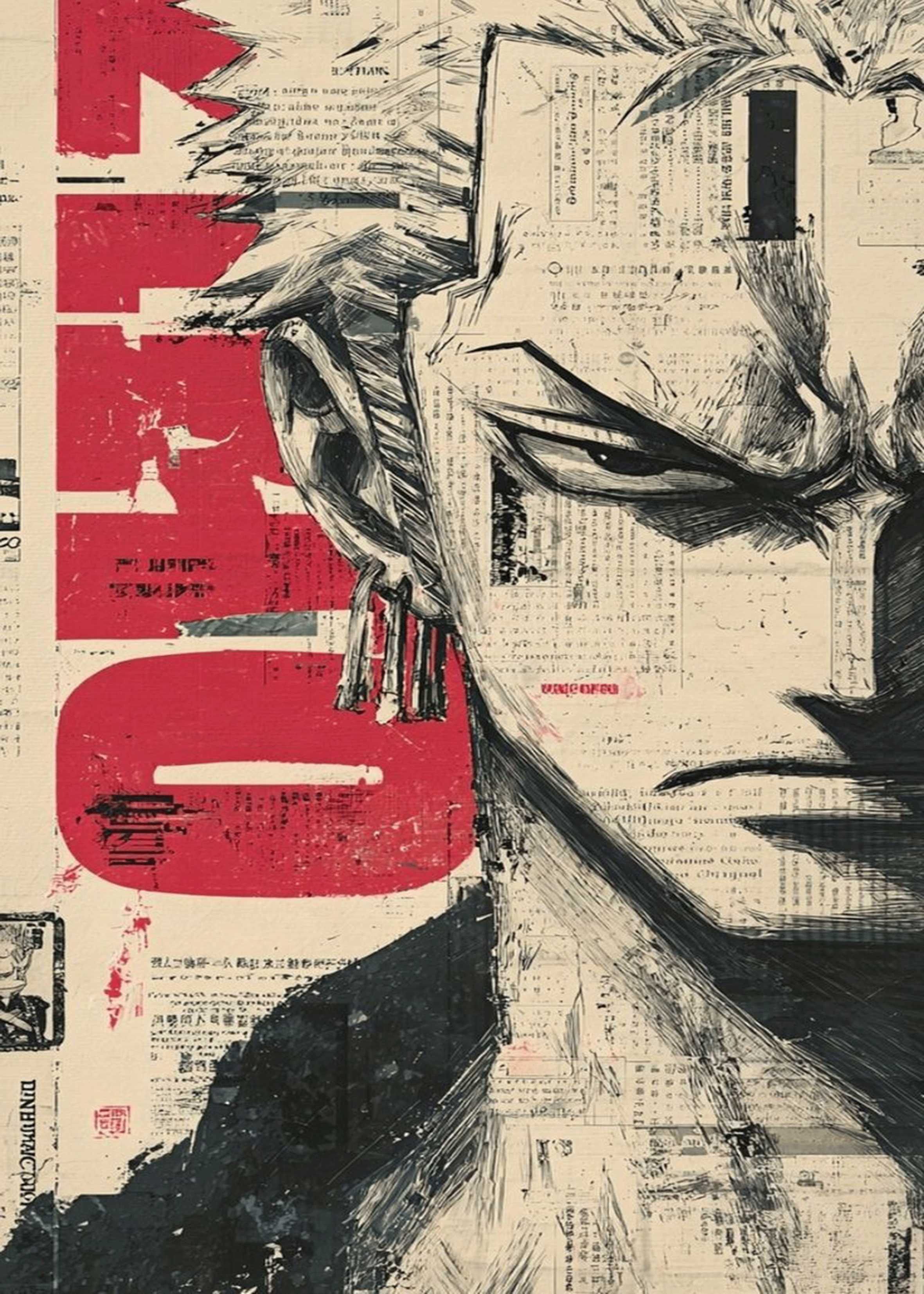 One Piece "Roronoa Zoro: Vintage Newsprint" Grunge Graphic Poster