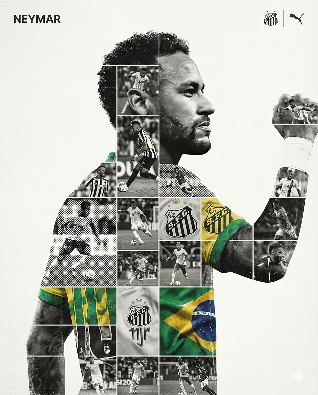 Neymar Santos FC & Brazil Heritage Double Exposure Photo Grid Poster