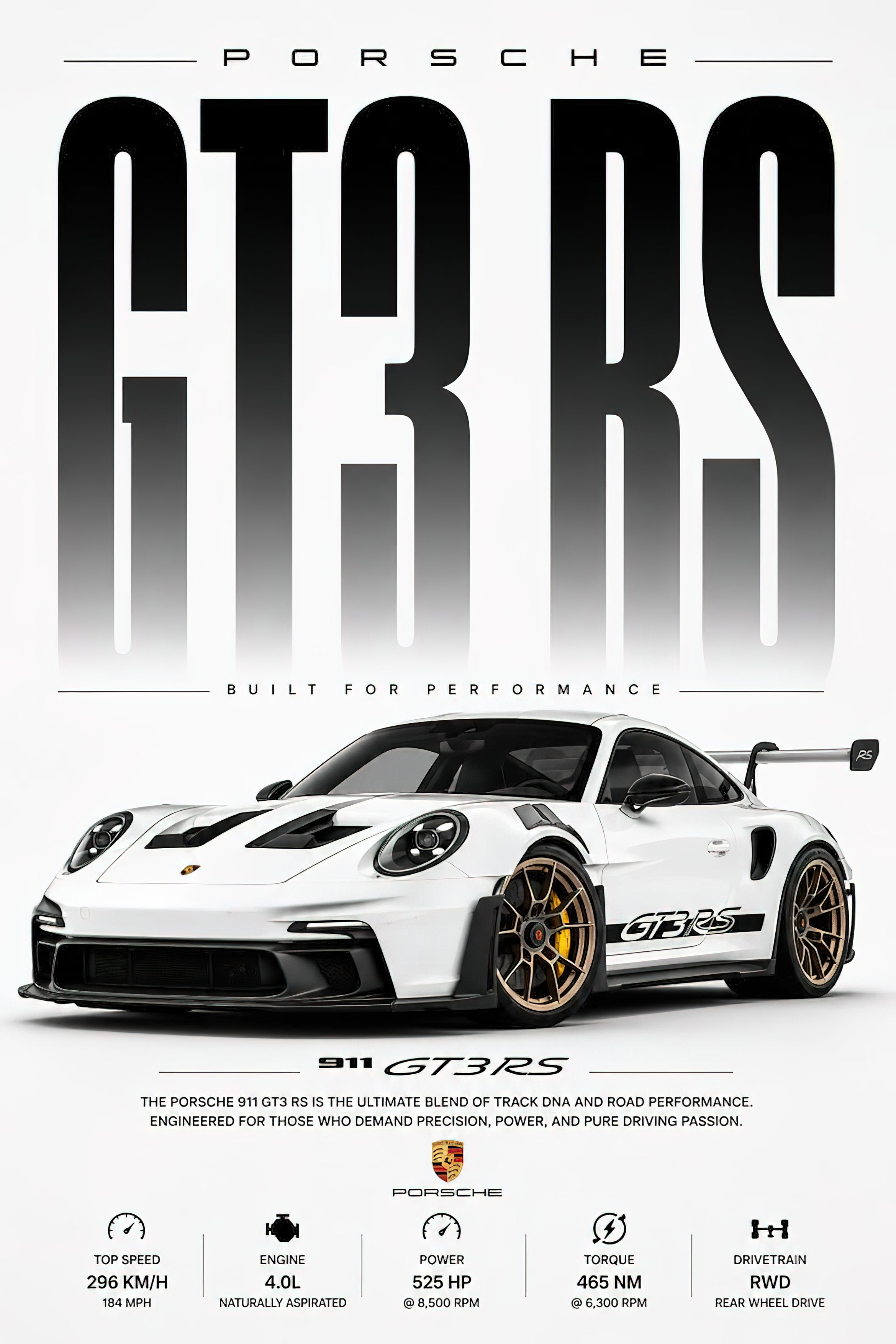 Porsche 911 GT3 RS Built For Performance Minimalist Spec Poster