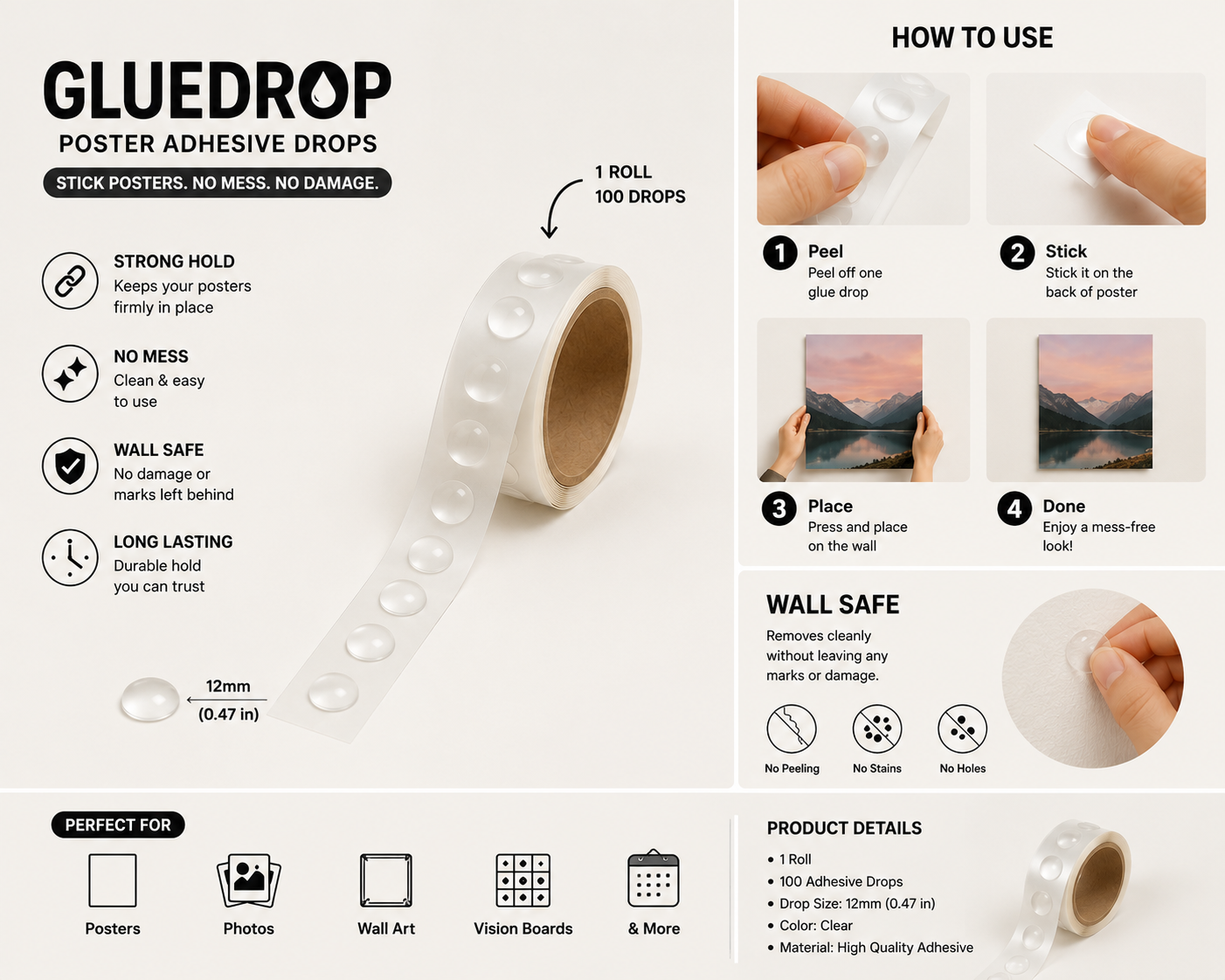 GlueDrop™ Poster Adhesive Dots – 100 Wall-Safe Glue Dots (1 Roll)
