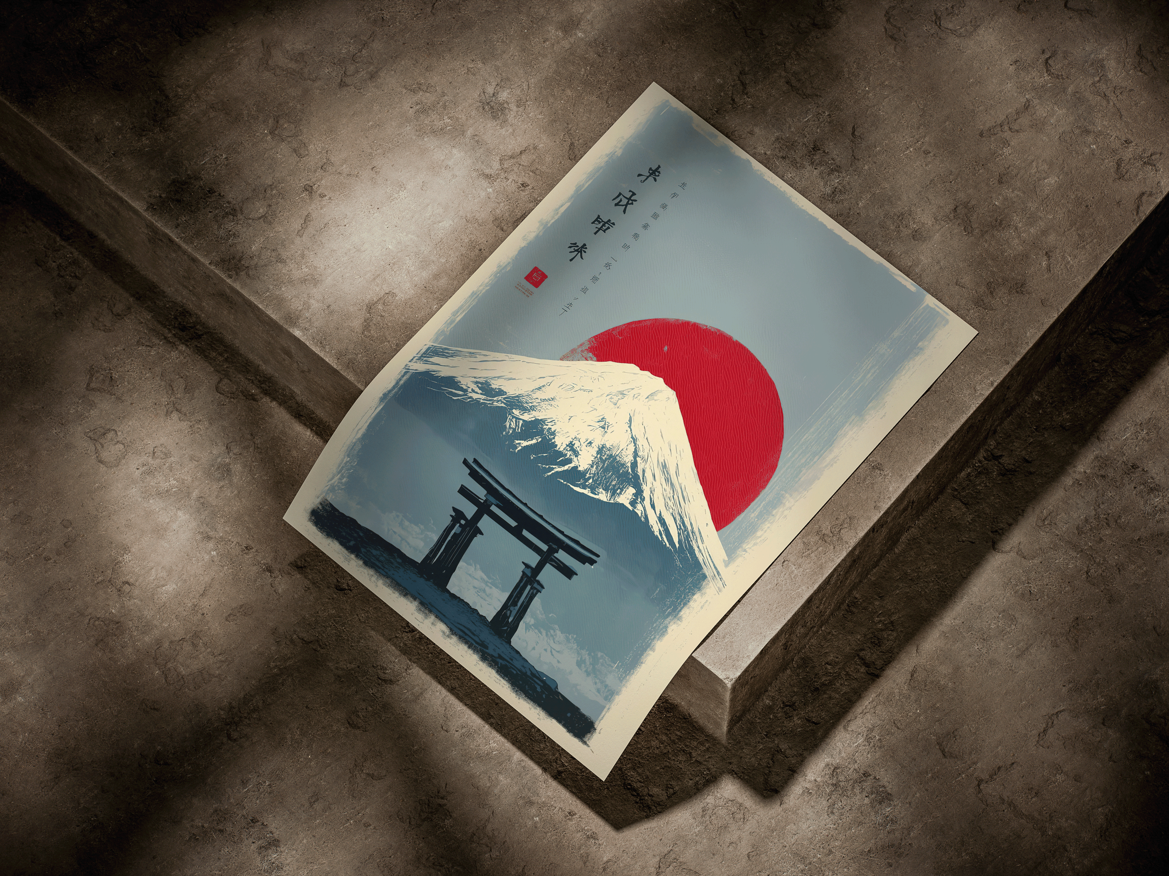 Mount Fuji Torii Gate Japanese Red Sun Ukiyo e Style Vintage Poster
