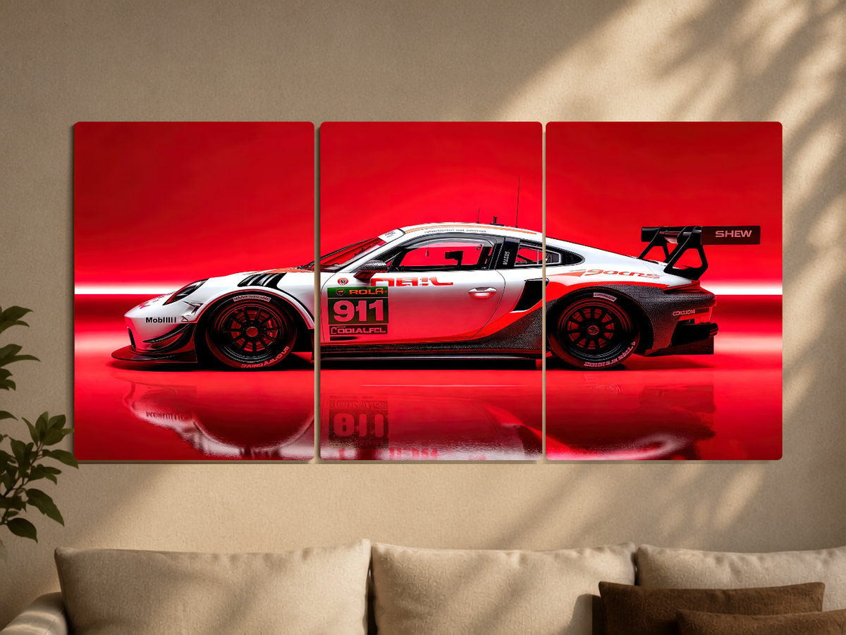 Motorsport "Porsche 911 GT3: Redline Reflection" 3-Panel Split Canvas Wall Art