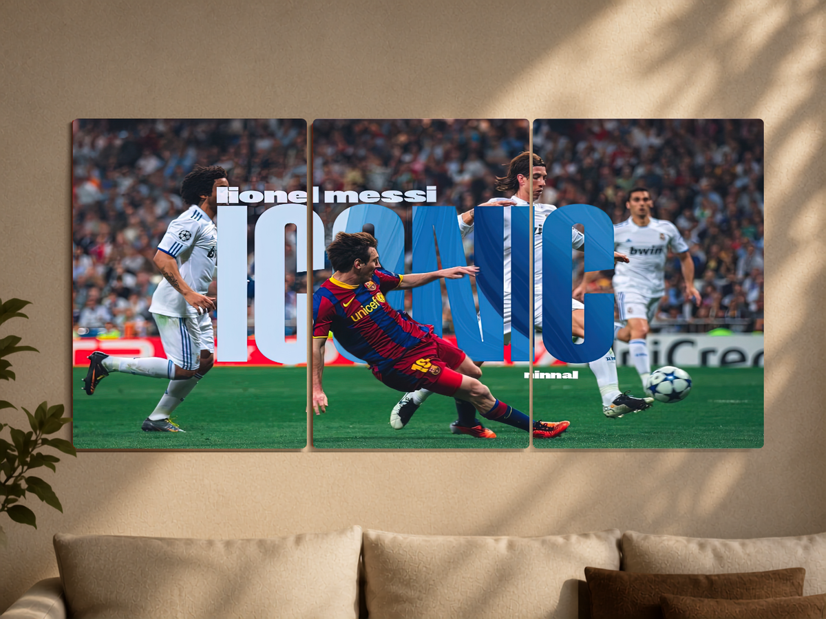 Football "Lionel Messi: Iconic El Clásico" 3-Panel Split Canvas Wall Art