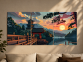 "Sunset at the Torii Gate" Japanese Landscape 3-Panel Split Canvas Wall Art