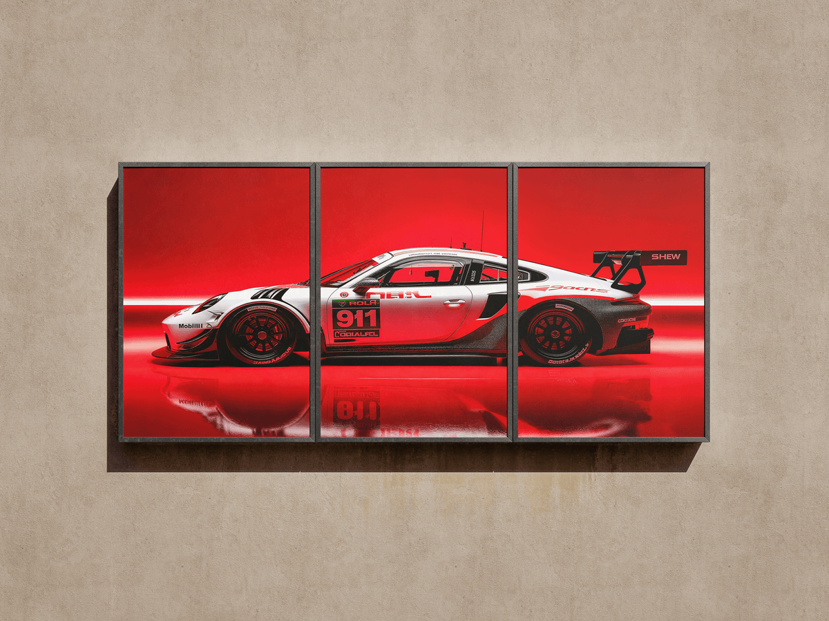 Motorsport "Porsche 911 GT3: Redline Reflection" 3-Panel Split Canvas Wall Art