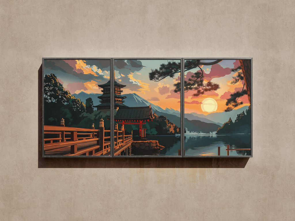 "Sunset at the Torii Gate" Japanese Landscape 3-Panel Split Canvas Wall Art