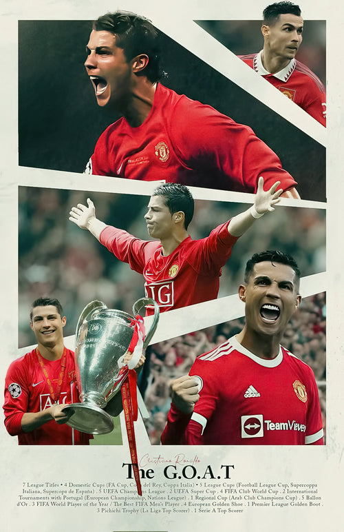 Cristiano Ronaldo Manchester United Era "The G.O.A.T" Career Trophy Honors Poster